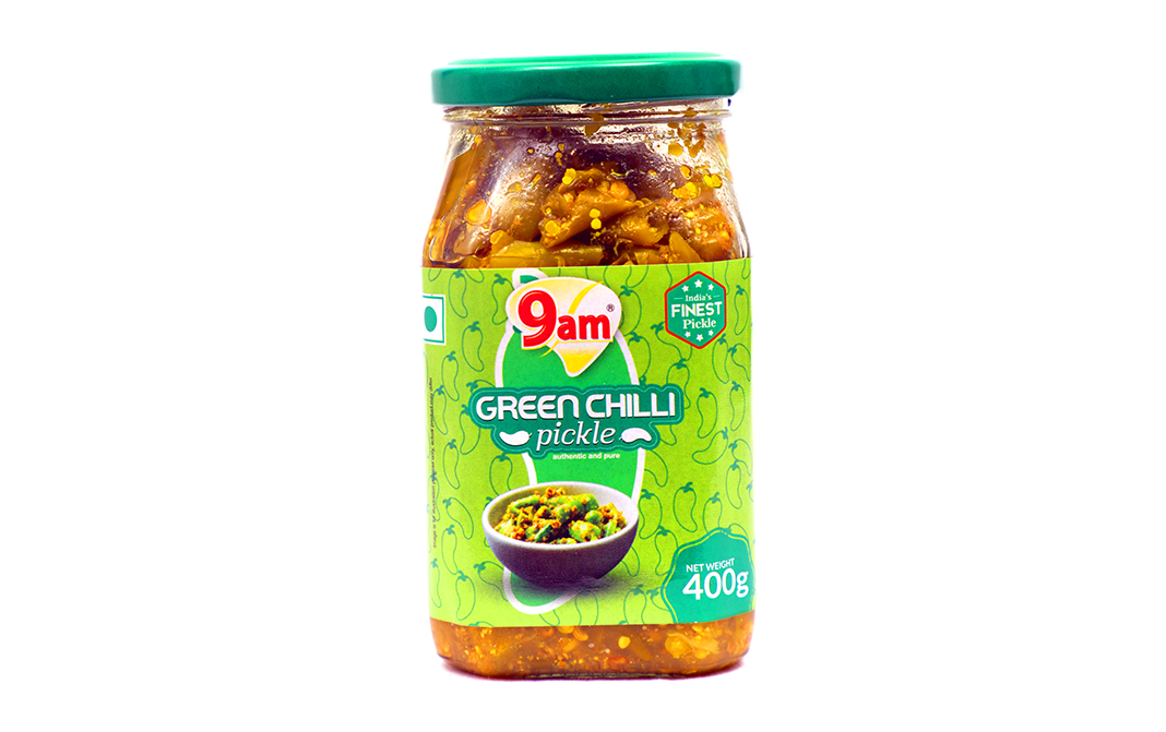 9am Green Chilli Pickle    Glass Jar  400 grams